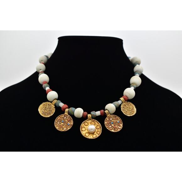 MMA Vintage Coin Collar Necklace Stone Brushed Gold Coin Tribal Signed BinBN - Picture 1 of 16